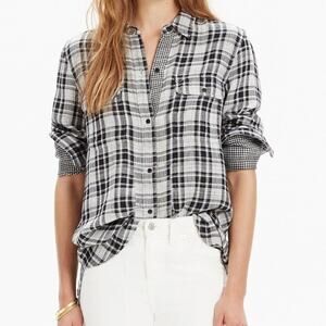 Madewell Ex-Boyfriend Flannel Button Up Check Plaid Shirt Top White Black Medium